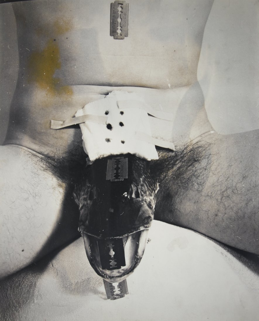 RUDOLF SCHWARZKOGLER (1940–1969): 3. Aktion May 1965 , Photo by Ludwig Hoffenreich Large format gelatin silver print, printed in 1973, framed 61,7 x 49,7 cm Signed by Gnter Brus, Ludwig Hoffenreich, Hermann Nitsch and Edith Adam on th