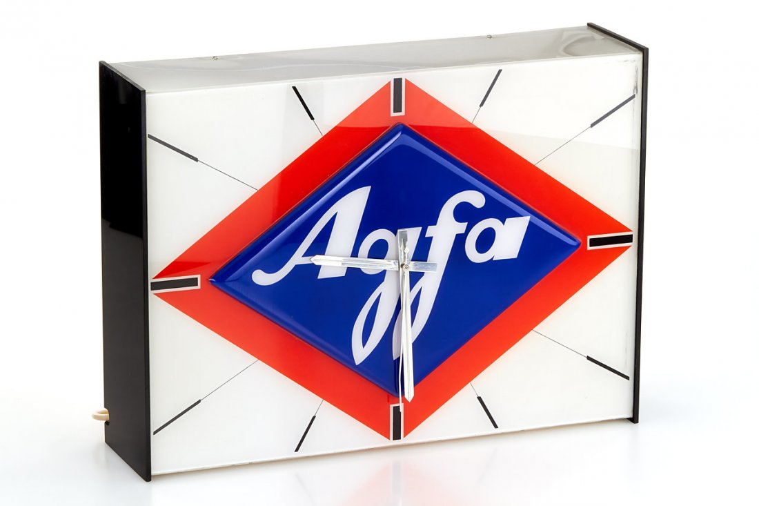 Agfa Clock, c.1960: large 57x42cm wall clock with light, in excellent working condition (light bulb needs replacement) The buyers premium for all items exported out of E.C. (European Community) is 23%. For items marked w