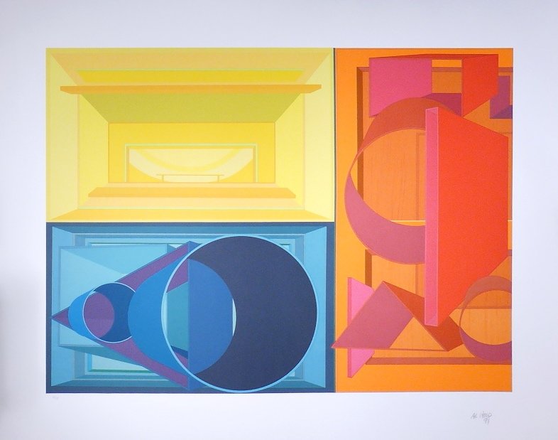 Al Held, "Jewel of Dalmatia" signed lithograph: Al Held, original lithograph on paper, Jewel of Dalmatia, signed and numbered in pencil by the artist, 1991, 75 impressions, sheet size 93,5 cm x 74 cm, image size 93,5 cm x 74 cm. Edited and printed