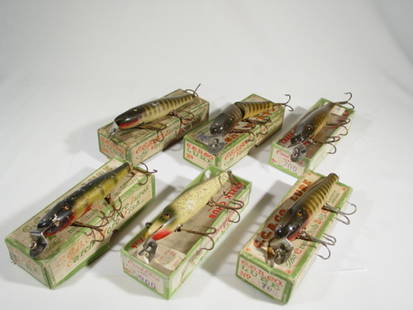 (6) Creek Chub Pikie Lures: All come in boxes and are in fair condition, jointed and several standard finishes. Grade: Fair
