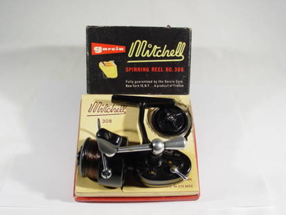 Garcia Mitchell 308 Reel w/t Box: Box with extra spool. S/N: 0021170. Grade: A9/M9