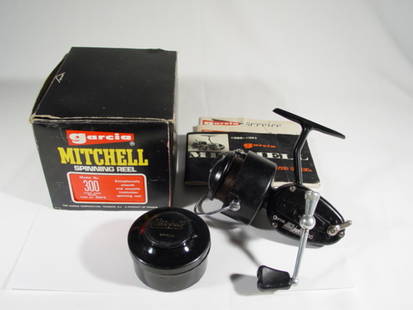 1977 Garcia Mitchell 300 Reel w/t Box: Box with extra spool & papers. S/N: F62303. Grade: A8/M9