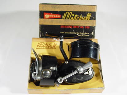 Mitchell 300 Reel w/t Box: Comes with box and extra spool, has the #6 on the foot, S/N: 79758. Grade: A8/M9.