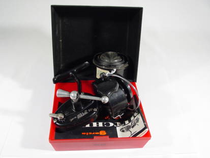 Garcia Mitchell 308 Reel w/t Box: Plastic box with extra spool (spool is rough), no serial number, paint is blistering some on foot. Grade: A6/M9