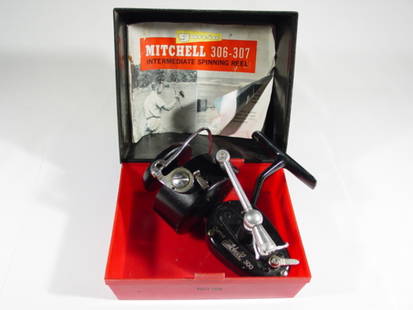 Garcia Mitchell 300 Reel w/t Box: Plastic box and papers included, S/N: 9839855, Grade: A7/M9. *The box and papers are not correct on this lot although they are included.