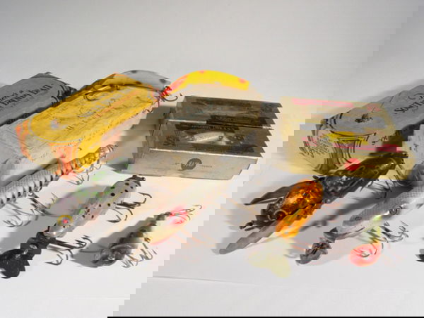 Lot of Lures and Boxes: Heddon Crazy Crawler, 973 South Bend box only, L&S in boxes, Shure Strike Pikie in silver scale, Crawdad (Repaint). Grade: Avg