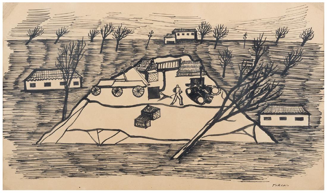 GIULIO TURCATO Paesaggio Acquarello su carta cm 28,5 x: GIULIO TURCATOMantova 1912 - Roma 1995Paesaggio di campi con trattori 1940 ca.Acquarello su carta cm 28,5 x 48,5Firma in basso a destra