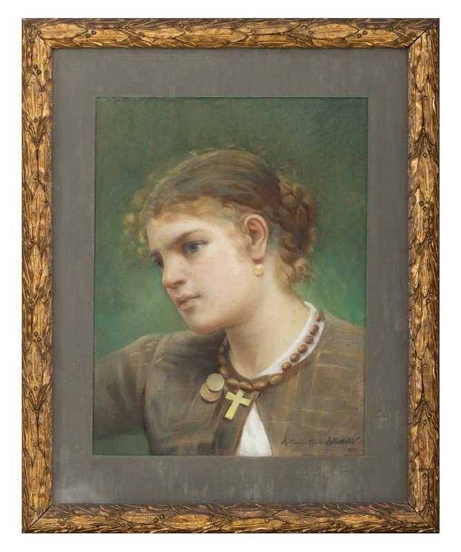 FRANCESCO PAOLO MICHETTI "Woman head": FRANCESCO PAOLO MICHETTITocco da Casauria 1851 - Francavilla al Mare 1929Woman head 1901Pastels on paper cm 48 x 36dated lower right sideDedicated to a friend "all' amico Guido Albertelli 1901"