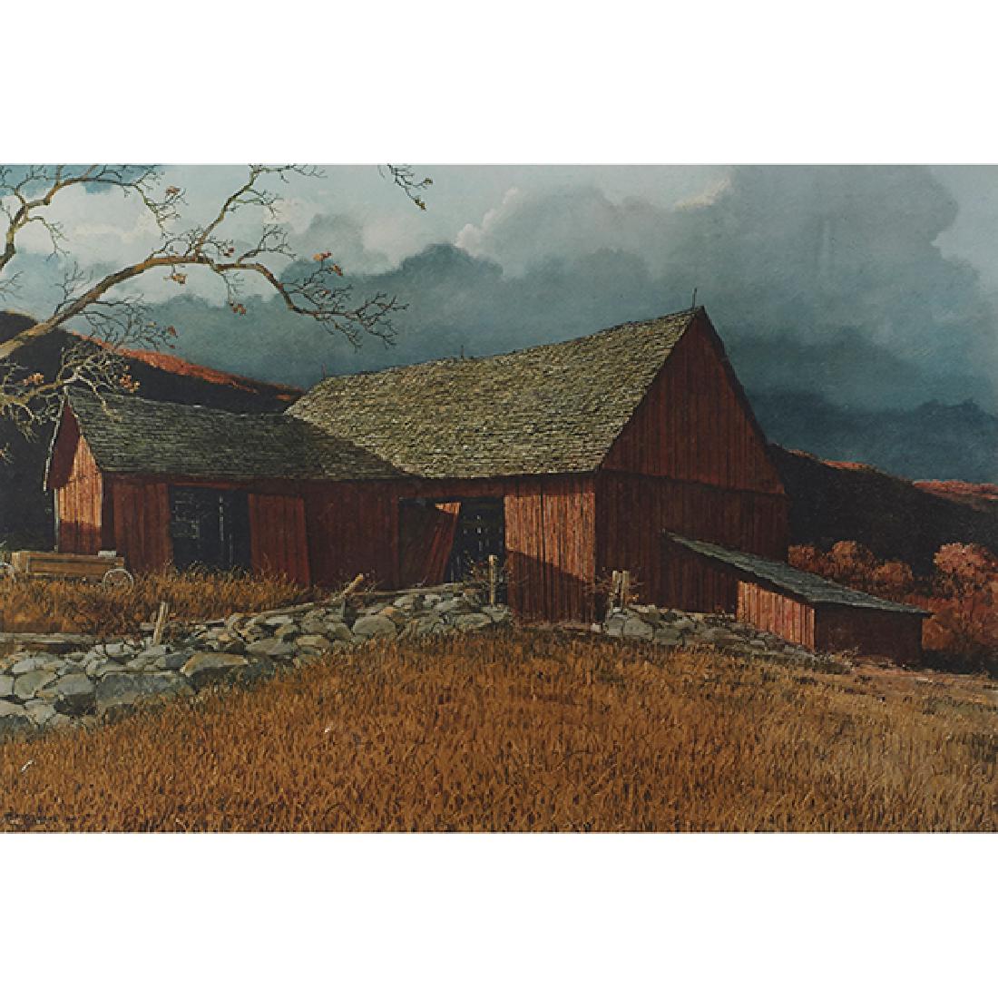 Eric Sloane, (American, 1905-1985), Red Barn, color: Eric Sloane, (American, 1905-1985), Red Barn, color lithograph, signed and numbered in pencil, edition of 490, 16" x 24" Provenance: Provenance: The Butch McGuire's Collection: Selected Property from