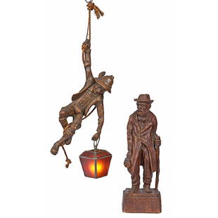 Josephine Mead (1919-2000) / Jo Mead Designs, Wanderer: Josephine Mead (1919-2000) / Jo Mead Designs, Wanderer figural sculpture, Chicago, IL, stained composite, impressed signature, together with a Swiss mountain climber hanging light fixture, first: 7 1/