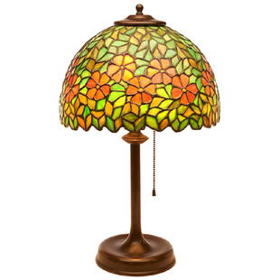 The Handel Lamp Company, Floral desk lamp, Meriden, CT,: The Handel Lamp Company, Floral desk lamp, Meriden, CT, bronzed metal, leaded glass, unsigned, 12.5"dia x 19"h