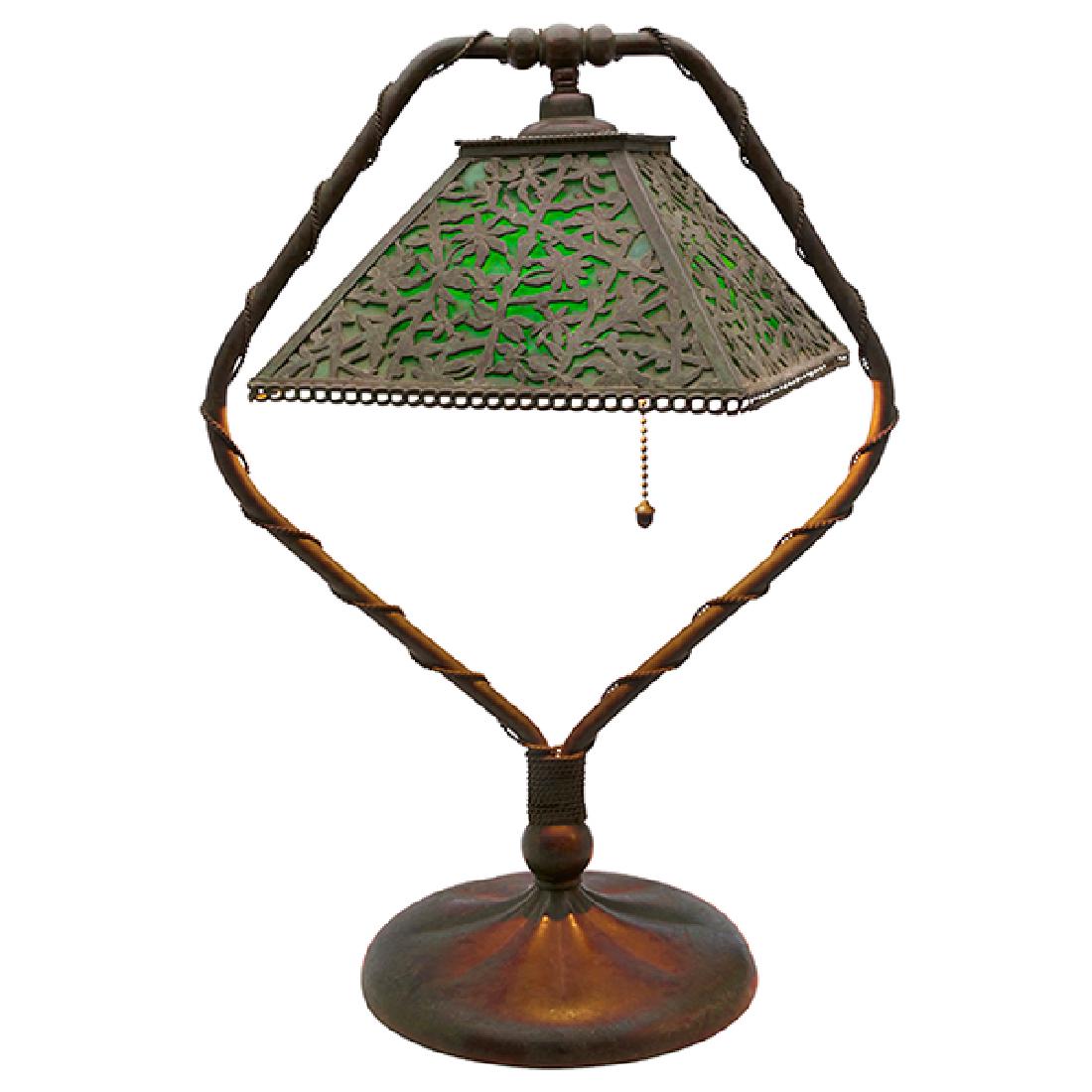 Riviere Studios, desk lamp, New York, NY, slag glass,: Riviere Studios, desk lamp, New York, NY, slag glass, bronze, unsigned, 11.25"w x 7.75"d x 15.5"h