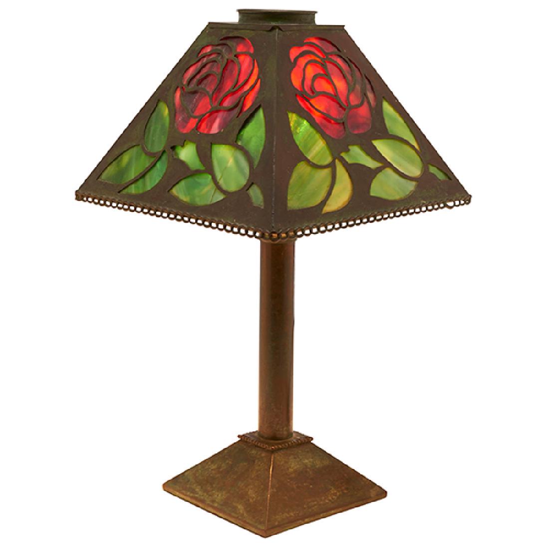Riviere Studios, desk lamp, New York, NY, stained and: Riviere Studios, desk lamp, New York, NY, stained and leaded glass, bronzed metal, unmarked, 8"sq x 13.5"h Provenance: Provenance: Property from the Collection of Dr. Leslie and Sydelle Sher, Delray B