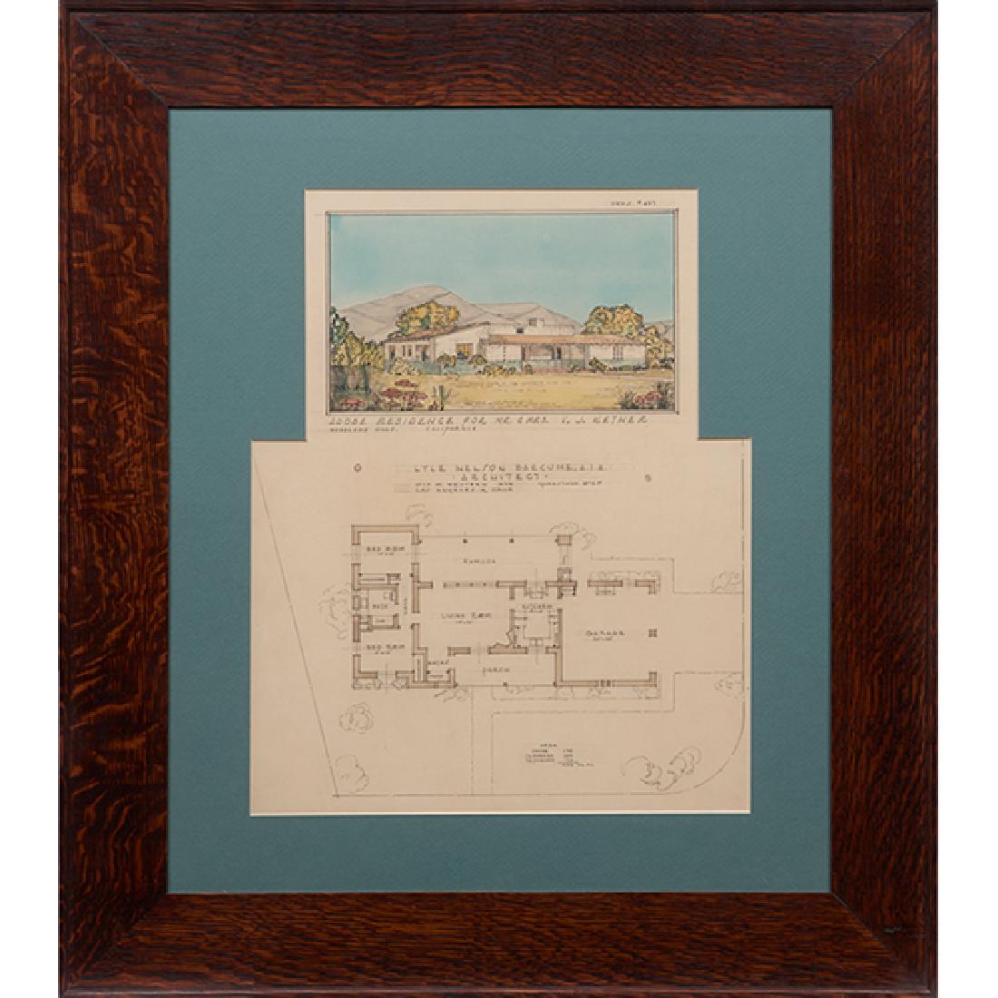 Lyle Nelson Barcume (1896-1966), for the Adobe: Lyle Nelson Barcume (1896-1966), for the Adobe Residence of, Mr. & Mrs. V.J. Ketner, perspective drawing/ floor plan, Woodland Hills, CA, pencil on paper, matted and framed, frame: 24.5"w x 29"h