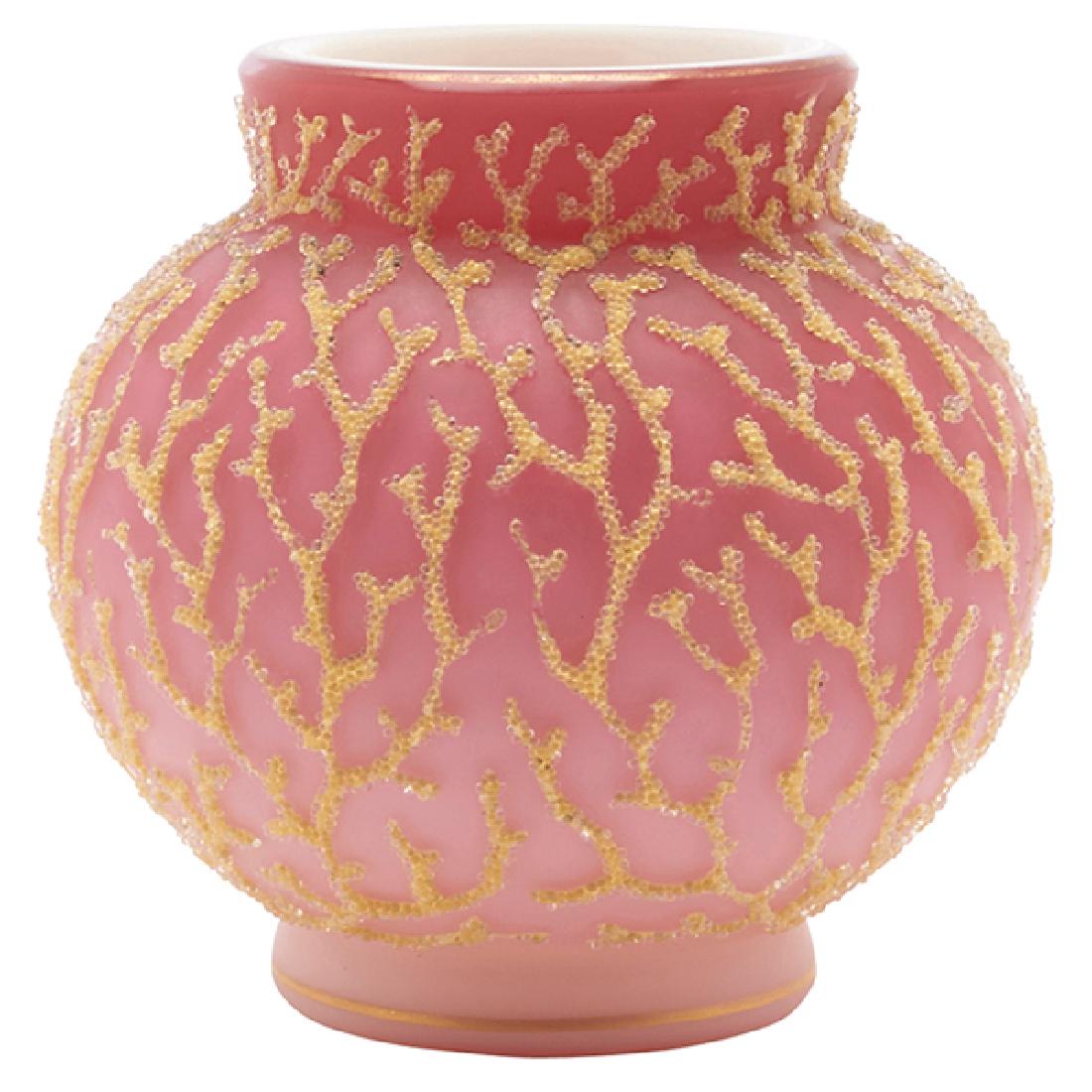 Thomas Webb & Sons, Seaweed vase, England, Coraline: Thomas Webb & Sons, Seaweed vase, England, Coraline glass, unsigned, 4"dia x 4"h