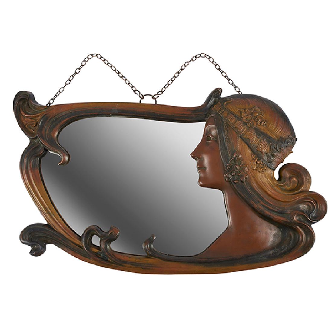 Charles Emile Jonchery (1873-1937), Maiden mirror,: Charles Emile Jonchery (1873-1937), Maiden mirror, French, cast iron with brown patina, signed, 29"w x 17"h