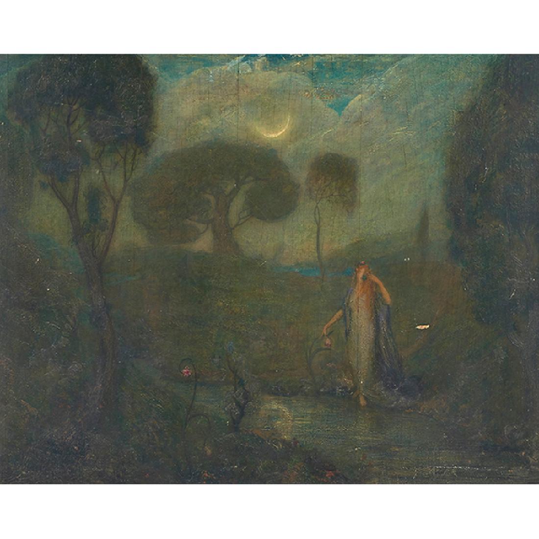 Claude Buck, (American, 1890-1974), Woman in a Moonlit: Claude Buck, (American, 1890-1974), Woman in a Moonlit Landscape (double sided), oil on board, unsigned, 24" x 30"