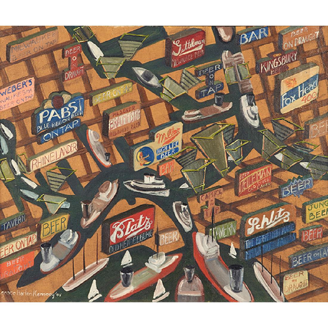 Grace Harlan Kennedy, (American, 20th century), Beer: Grace Harlan Kennedy, (American, 20th century), Beer Signs, oil on canvas, signed and dated lower left, 20" x 24"