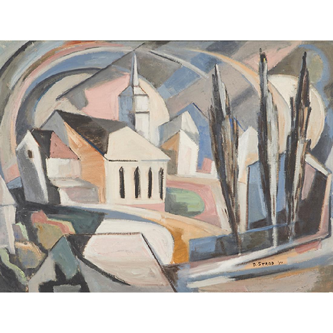 David Syrop, (American, 1895-1975), Cubist Church,: David Syrop, (American, 1895-1975), Cubist Church, 1951, oil on canvas, signed and dated lower right, 18" x 24"
