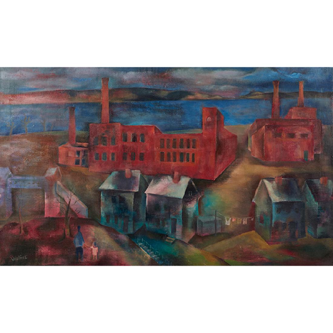 Joseph Wolins, (American, 1915-1999), Factories Along: Joseph Wolins, (American, 1915-1999), Factories Along the River, oil on canvas, signed lower left, 22" x 36"