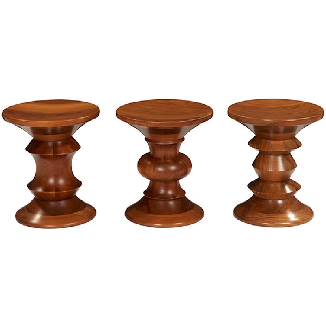 Charles & Ray Eames Time Life stools, three: Charles Eames (1907-1978) & Ray Eames (1912-1988) for Herman Miller, Time Life stools, set of three, USA, 1960s-1980, solid turned walnut, Shapes A, B, and C, also known as models 411, 412, and 413, e