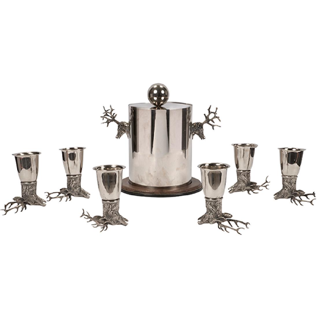 Gucci, Cocktail Service, Italy, 1970s, silverplate,: Gucci, Cocktail Service, Italy, 1970s, silverplate, white metal, leather, cups stamped “Gucci Italy", leather coaster with Gucci label, includes wine cooler/ice bucket, and six cup, 15"w x 8"d x 13"