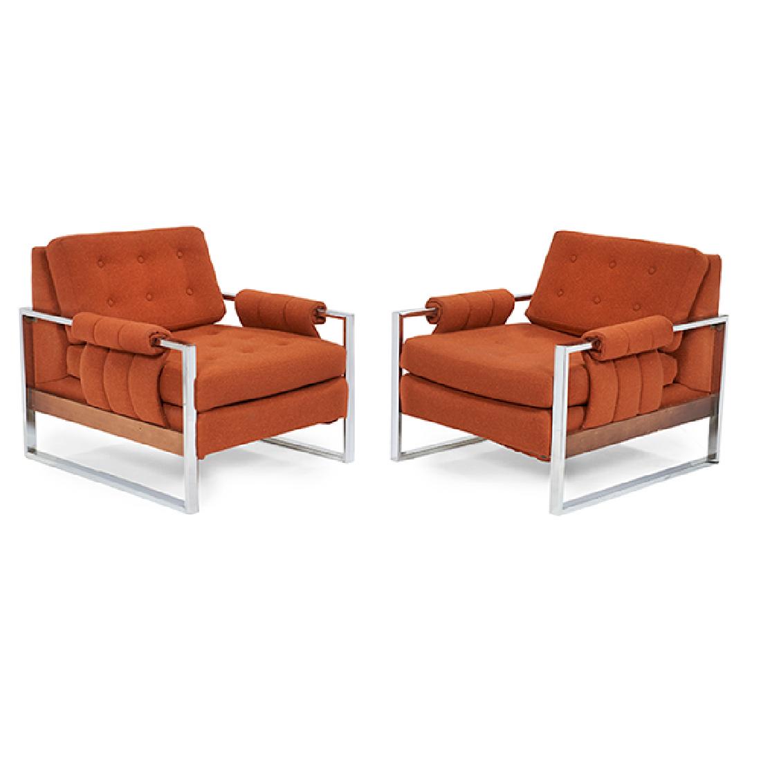 1960s, lounge chairs, pair, USA, chromed steel,: 1960s, lounge chairs, pair, USA, chromed steel, upholstery, wood trim, unsigned, in the manner of Milo Baughman, 30.5"w x 33"d x 28"h