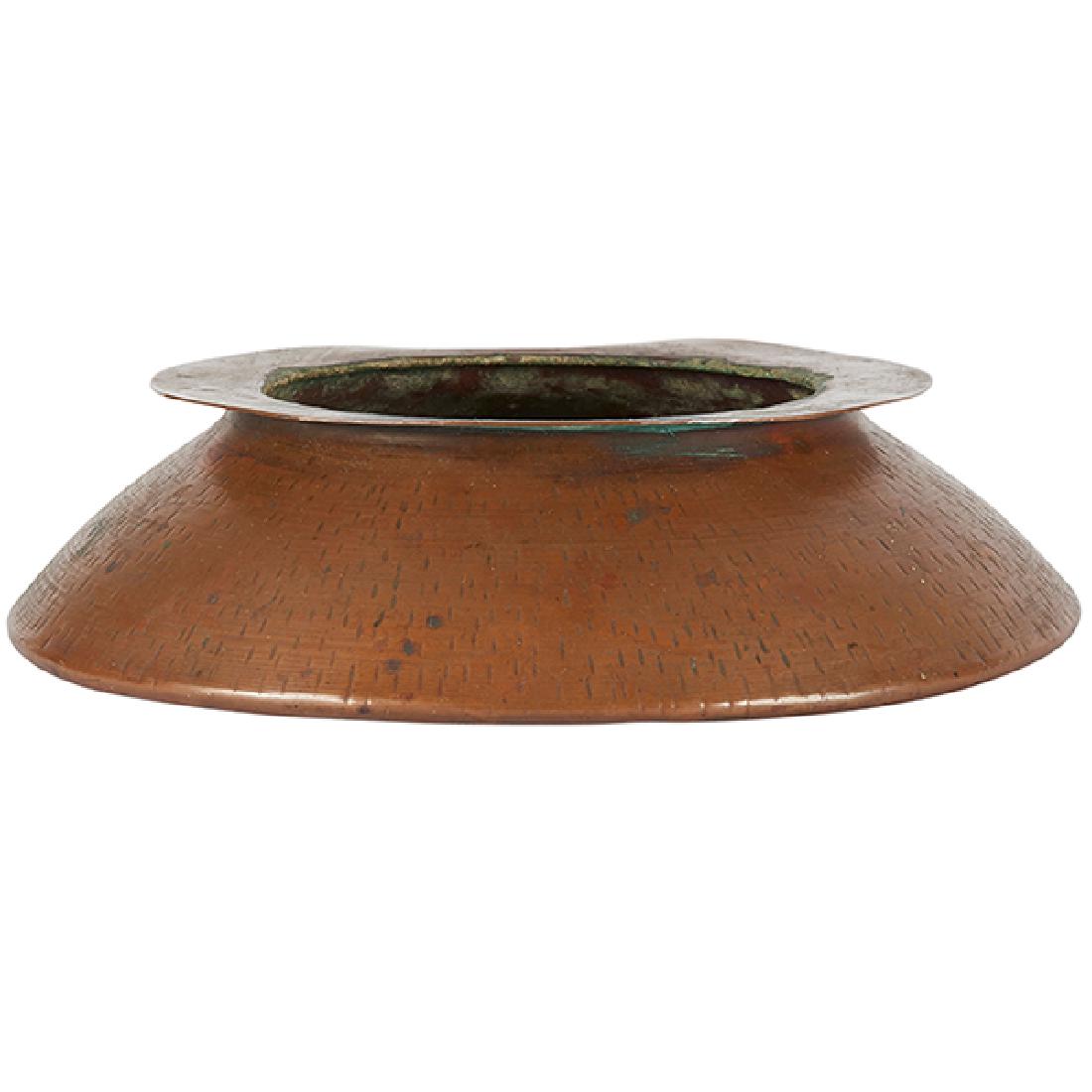 Gustav Stickley, spittoon, Eastwood, NY, hammered: Gustav Stickley, spittoon, Eastwood, NY, hammered copper, stamped with joiners mark within a circle, lacking liner, 10"dia x 2.25"h