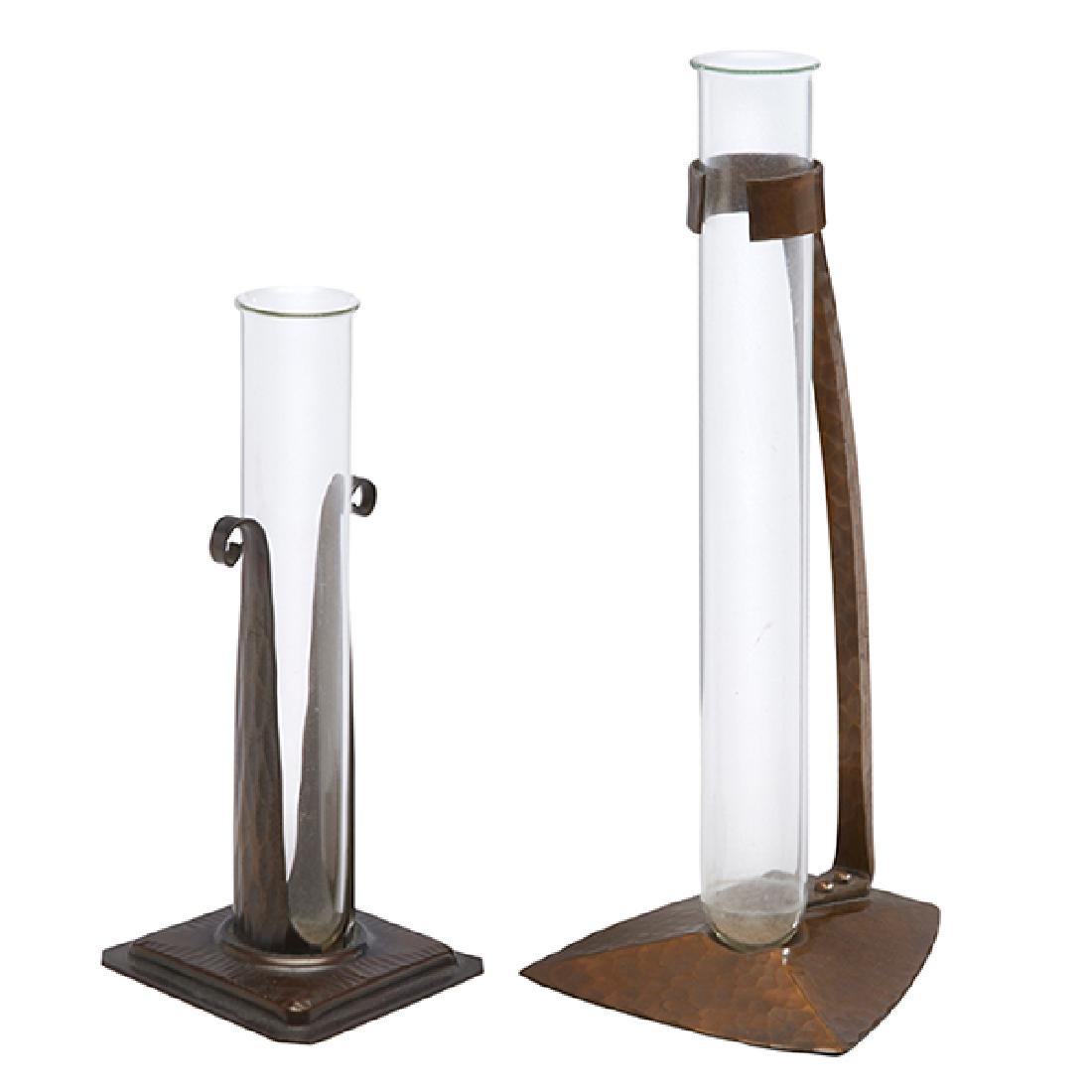 Roycrofters, bud vases, two, East Aurora, NY, copper, (1 of 2)