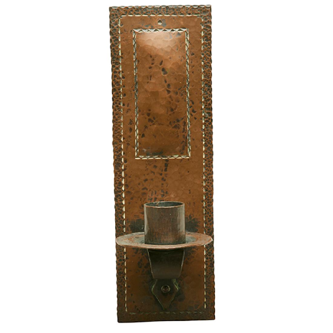 Arts & Crafts, candle sconce, hammered copper, 3.25"w x: Arts & Crafts, candle sconce, hammered copper, 3.25"w x 3.25"d x 10.5"l Provenance: Property from the Collection of Dr. Leslie and Sydelle Sher, Delray Beach, Florida