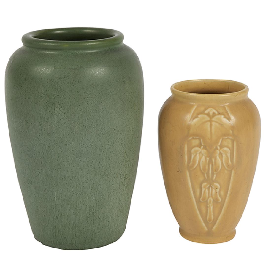 Cadmon Robertson (1863-1914) for Hampshire Pottery,: Cadmon Robertson (1863-1914) for Hampshire Pottery, vase, #95, Keene, NH, matte green glazed pottery, impressed marks, numbered, together with a Rookwood Pottery, vase, #2123, 1924, matte mustard glaz