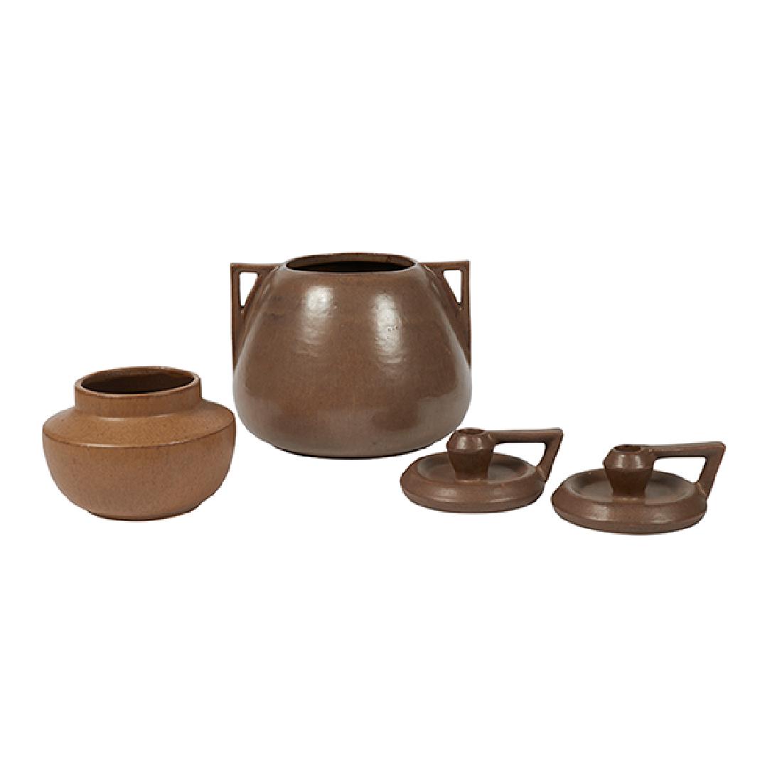 Fulper Pottery Co., chambersticks, pair and two vases, (1 of 1)