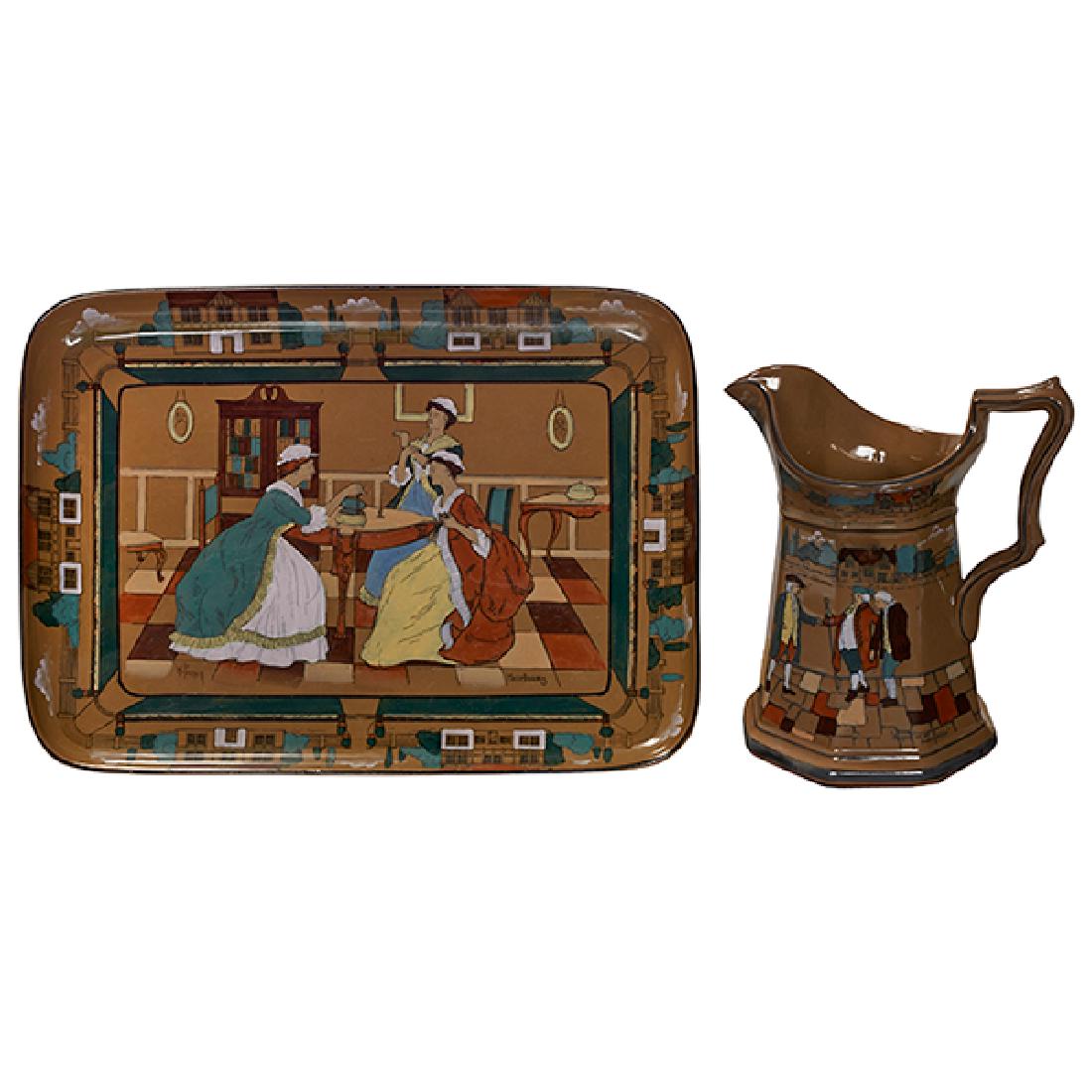 Buffalo Pottery, Deldare Ware pitcher and tray, (1 of 1)