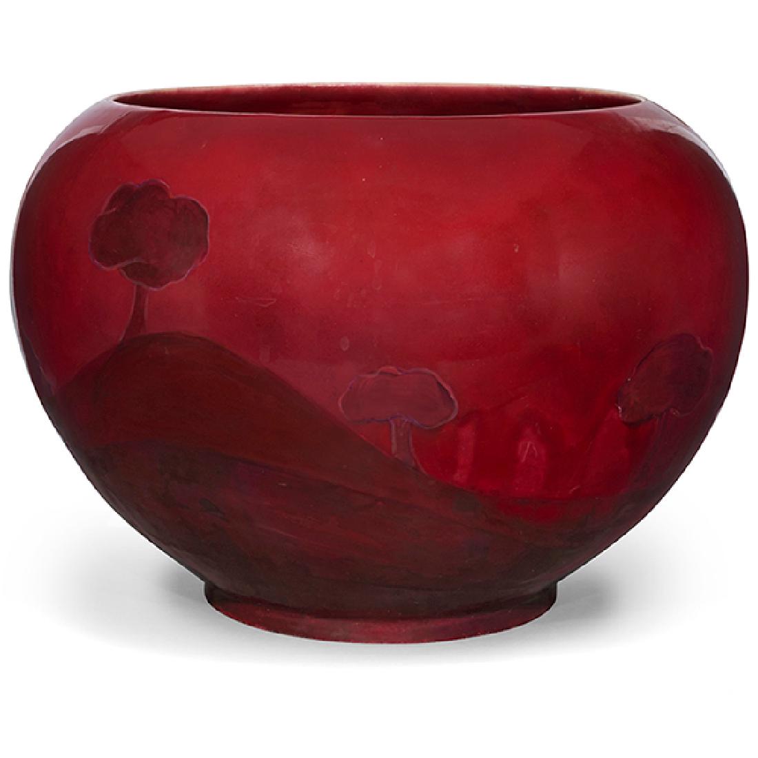 William Moorcroft (1872-1945), Landscape jardiniere,: William Moorcroft (1872-1945), Landscape jardiniere, England, circa 1930, red Flambe glazed ceramic, incised signature, 12.5"dia x 8.5"h