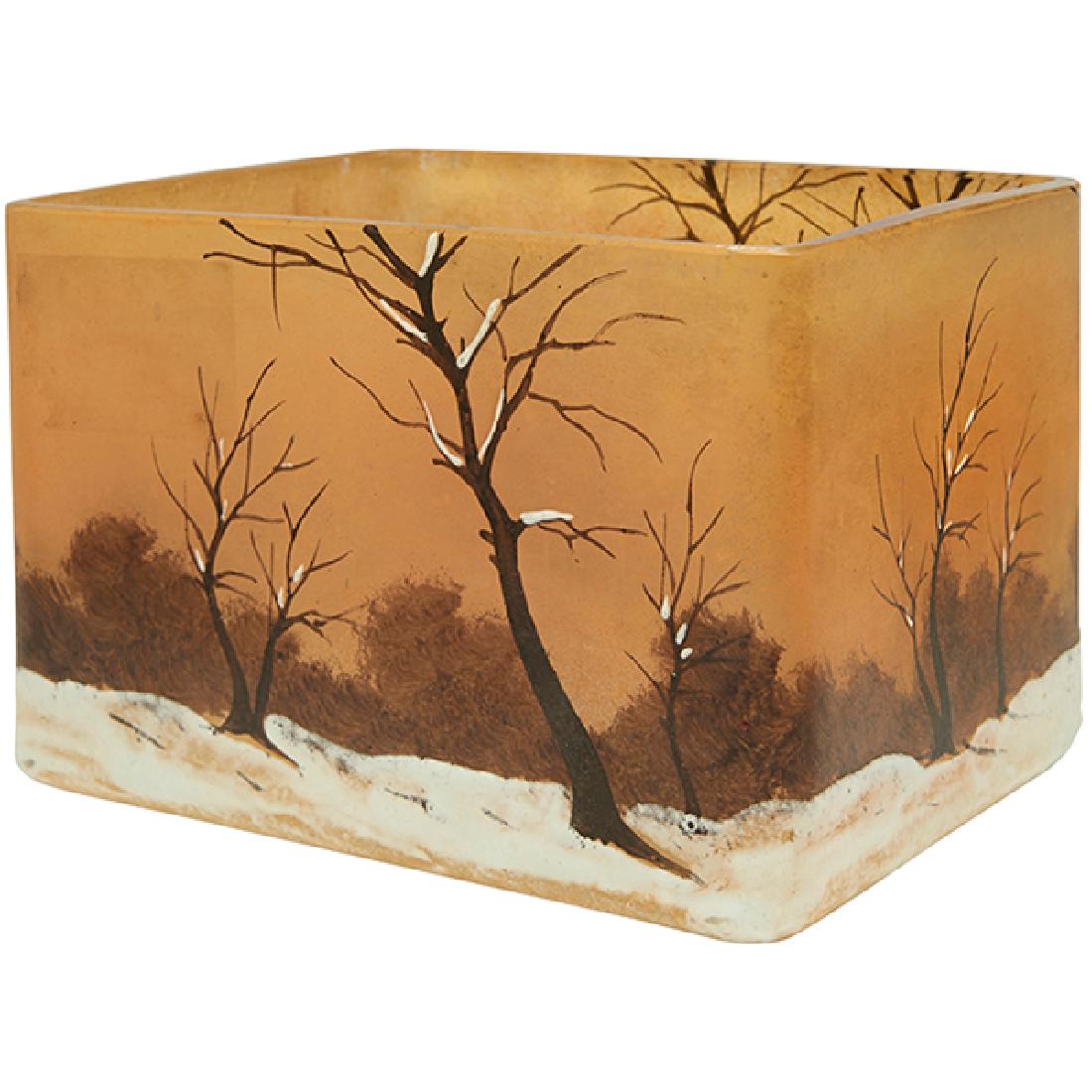 Legras, Winter Landscape vase, St. Denis, France,: Legras, Winter Landscape vase, St. Denis, France, enameled glass, signed, 5"w x 3.75"d x 3.25"h Provenance: Property from the Collection of Dr. Leslie and Sydelle Sher, Delray Beach, Florida