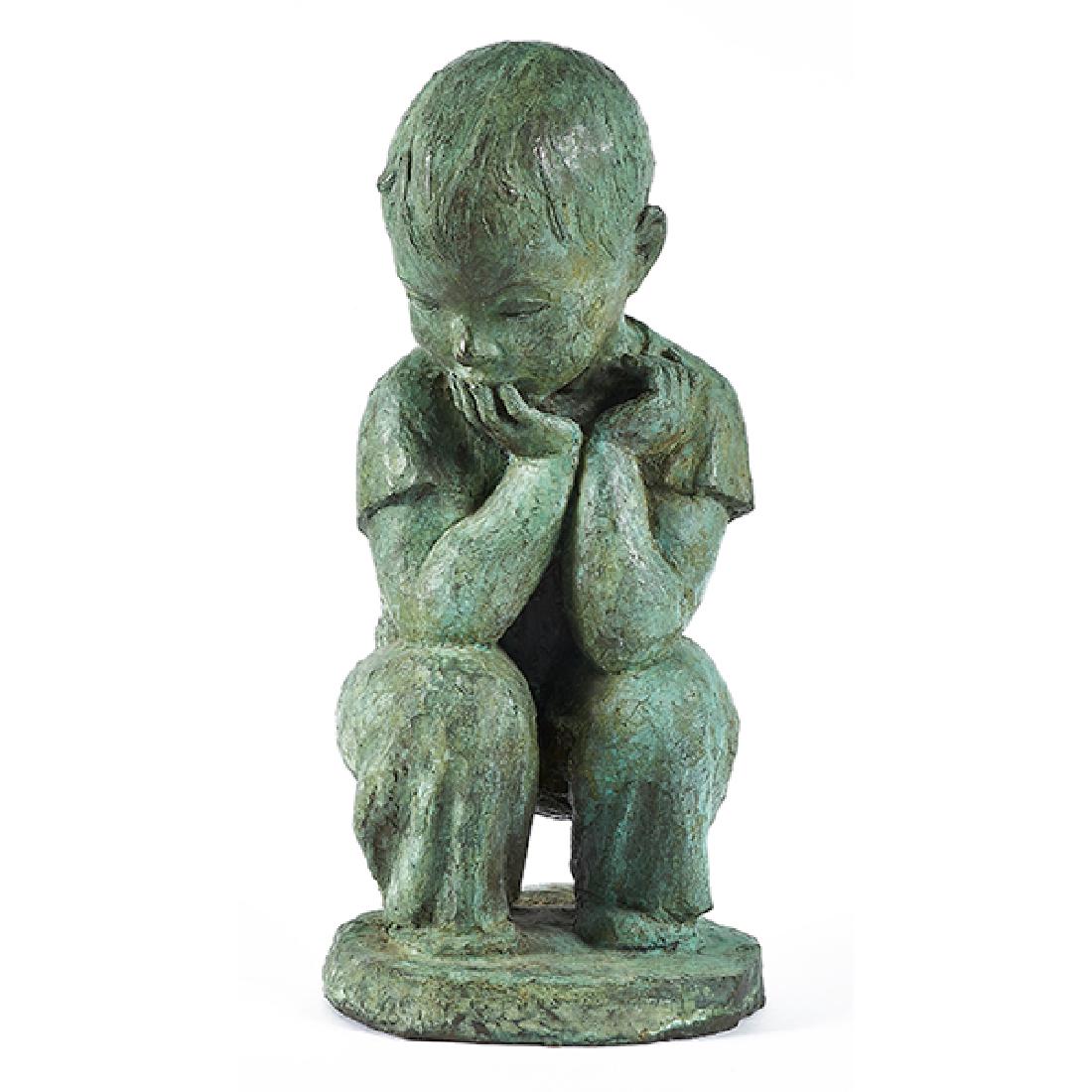 American, Kneeling Boy figure, verdigris bronzed metal, (1 of 2)