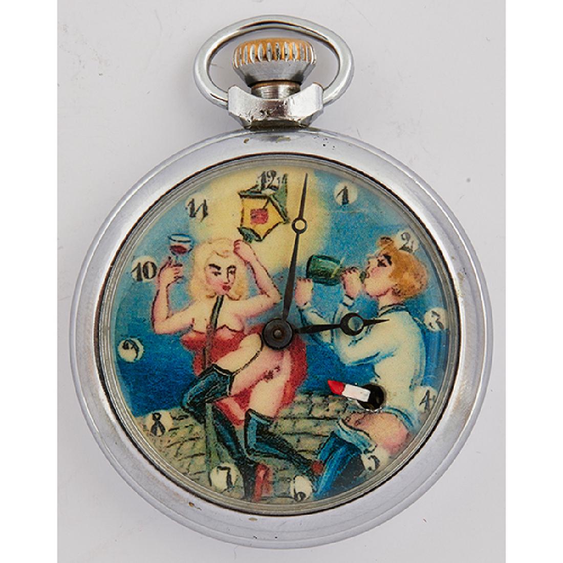 Erotic, Drunken Nightlife open face pocket watch, 2"dia: Erotic, Drunken Nightlife open face pocket watch, 2"dia Provenance: The Estate of Candice B. Groot, Evanston, Illinois