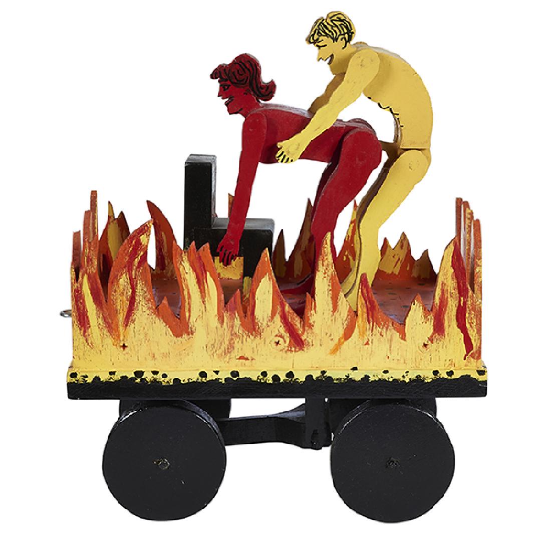 Artist Unknown, Man and Woman Having Sex Surrounded by: Artist Unknown, Man and Woman Having Sex Surrounded by Flames, 1991, painted wood, signed illegibly and dated, 13"h x 11"w x 7"d Provenance: The Estate of Candice B. Groot, Evanston, Illinois