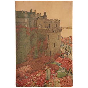 After Jules Guerin, (American, 1866-1946), Chateau of: After Jules Guerin, (American, 1866-1946), Chateau of Luynes and Chateau of Amboise (a pair of works), printed in 1906, color lithographs, copyright 1906, University Art Shop, Evantson, Ill, 24" x 16"