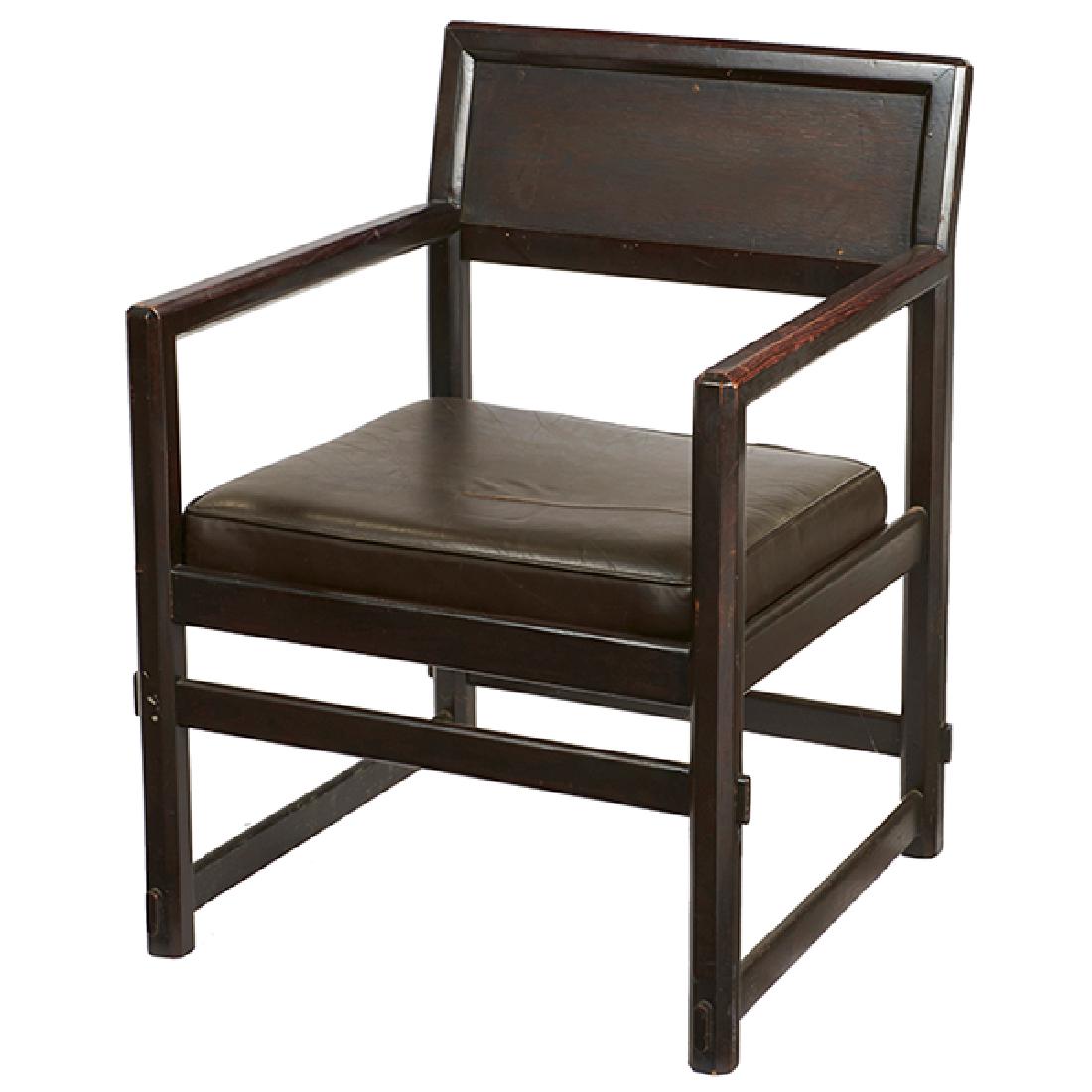 Edward Wormley (1907-1995) for Dunbar, Janus Collection: Edward Wormley (1907-1995) for Dunbar, Janus Collection armchair, USA, 1960s, ebonized oak, leather, brass D tag, 25"w x 25"d x 32.5"h