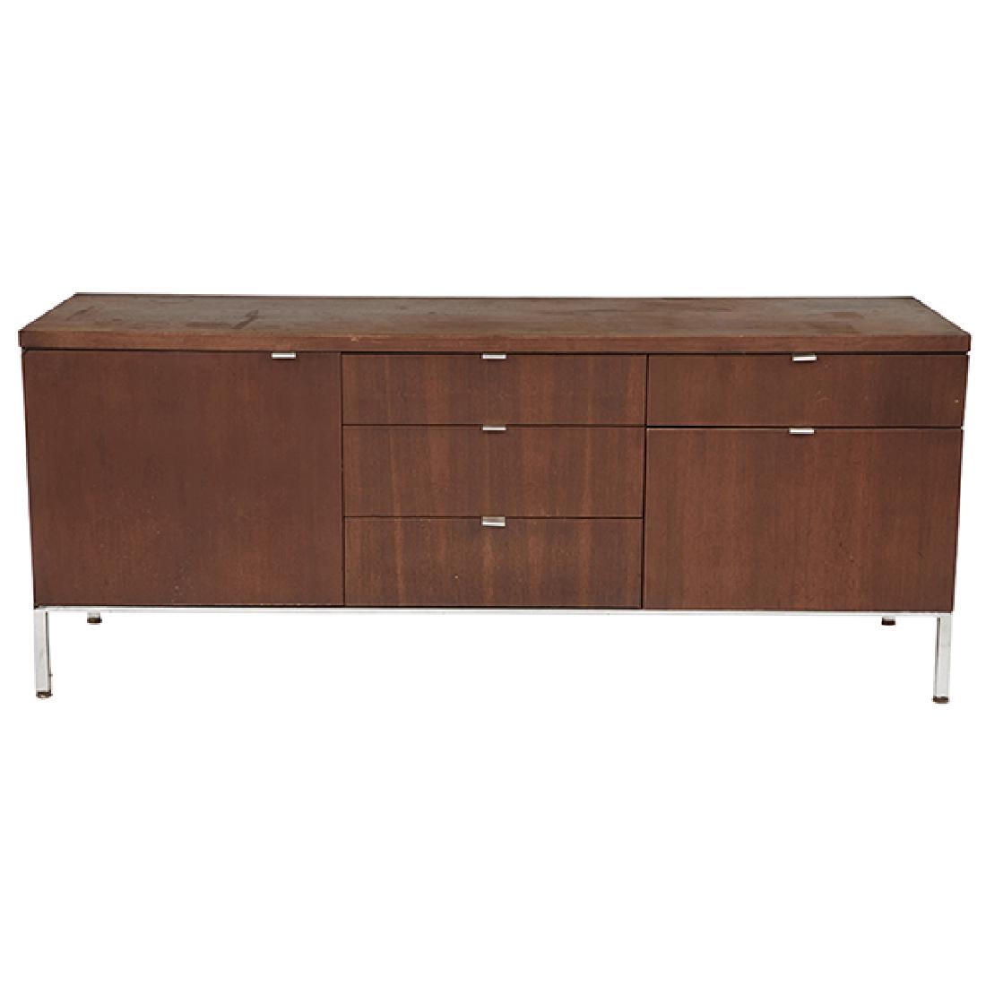 Mid-century Modern, cabinet, USA, 1960s, walnut, steel,: Mid-century Modern, cabinet, USA, 1960s, walnut, steel, finished back, unsigned, in the manner of Florence Knoll, 64"w x 20"d x 25.75"h