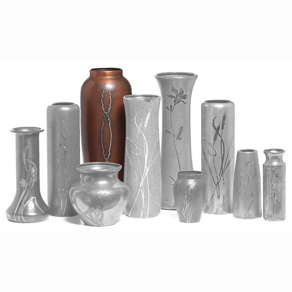 Silvercrest vase, large form, bronze: Silvercrest vase, large form, bronze with an applied sterling design, original patina, marked, 5"w x 12.5"h