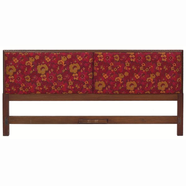 Frank Lloyd Wright headboard: Frank Lloyd Wright headboard, manufactured by Heritage Henredon, king size headboard with upholstery to back and Taliesin design to border, recovered, original finish, signed with script signature, 79