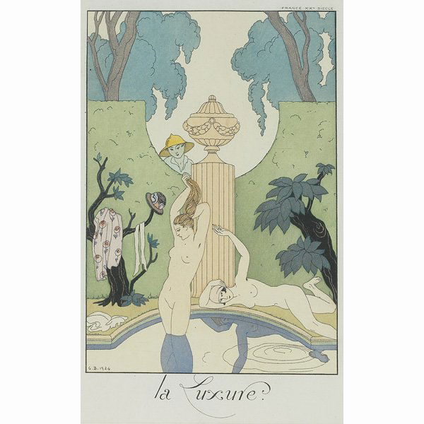 Georges Barbier, "La Luxure", print: Georges Barbier (French, 1882-1932) "La Luxure", print, signed, dated 1924, matted, framed, 6" x 4"