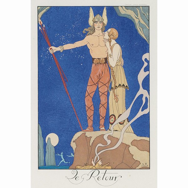 Georges Barbier, "Le Retour", print: Georges Barbier (French, 1882-1932) "Le Retour", print, signed, dated 1923, matted, framed, 6" x 4"