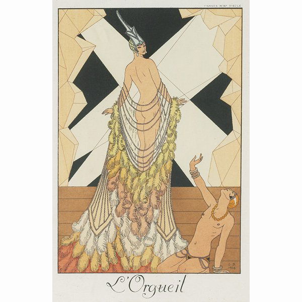Georges Barbier, "L'Orgueil", print: Georges Barbier (French, 1882-1932) "L'Orgueil", print, signed, dated 1924, matted, framed, 6" x 4"