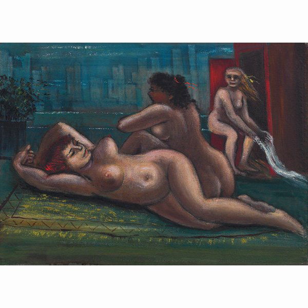 Albert Pels, "Nudes on a Rooftop", c. 1950 ; oil: Albert Pels (American, 1910-1998), "Nudes on a Rooftop", c. 1950 ; oil/canvas laid down, 12" x 16", signed verso