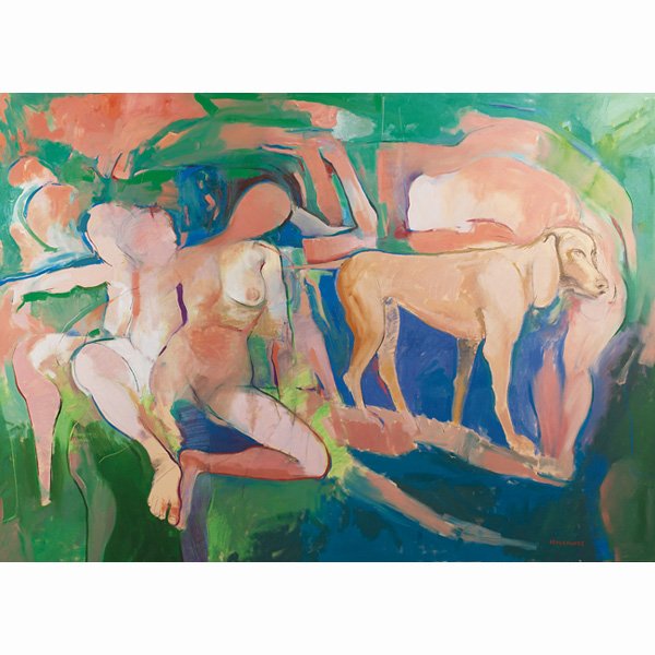 Robert Moskowitz, Abstract, oil,: Robert Moskowitz (American, 1912-2001), "Figurative Composition", c. 2000; oil/canvas, 60" x 84", signed