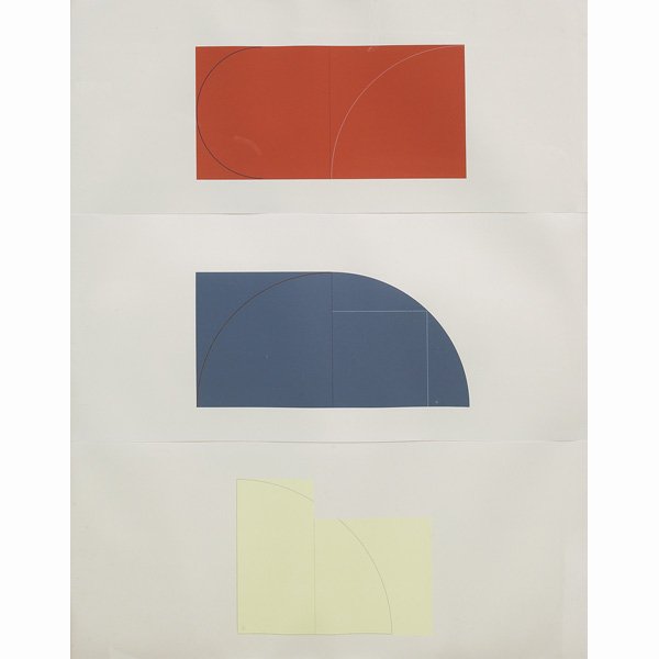 Robert Mangold, "Series of Three prints: Robert Mangold (American, b. 1937 ), "Series of Three", c. 1984; this lot consists of a series of three sets of three prints each (nine images total), one set of three pictured; colored lithographs, e