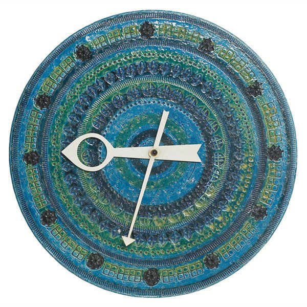 George Nelson Meridian wall clock: George Nelson Meridian wall clock, ceramic, made in Italy by Raymor, green and blue hi-glaze with impressed decoration, white enameled hands, battery operated, paper label, 14.5"dia., very good condit